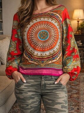 Arden B Red Medallion Print Boho Blouse